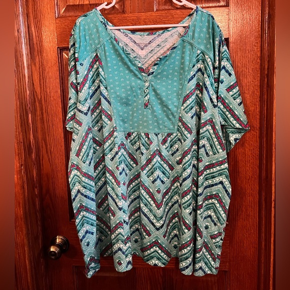 Woman Within 4X (34/36) V Neck Pullover Turquoise Geometric Print - Picture 1 of 5